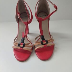 Jil Sander Navy  Red and Tan Women's Sandals With Woven Detail On The Back Sz 8